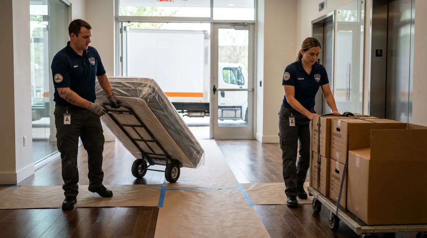 Professional apartment movers loading elevator in Newberry, SC